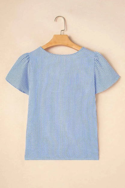 Stripe Textured Ruffle Short Sleeve Boho Detail Square Neck Blouse