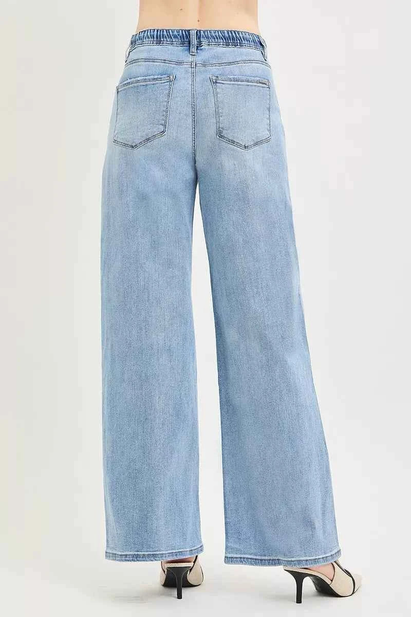 RISEN Elastic Band Slouchy Wide Jeans with Drawstring