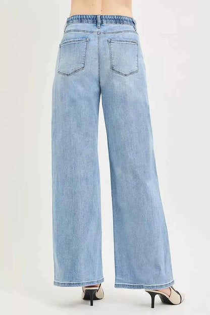 RISEN Elastic Band Slouchy Wide Jeans with Drawstring