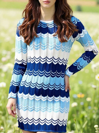 Openwork Wave Pattern Long Sleeve Sweater Dress