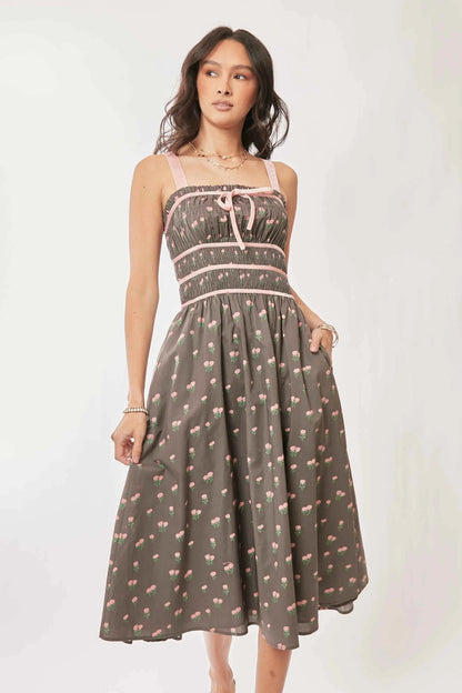 Davi & Dani Contrast Velvet Tape Smocking Bodice Midi Dress