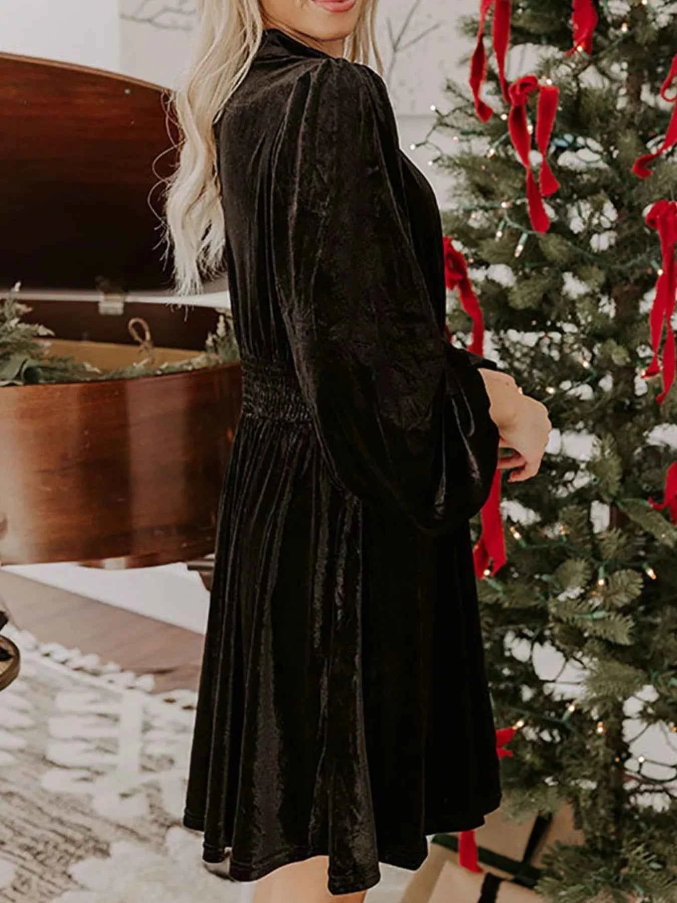 Velvet Mock Neck Balloon Sleeve Dress