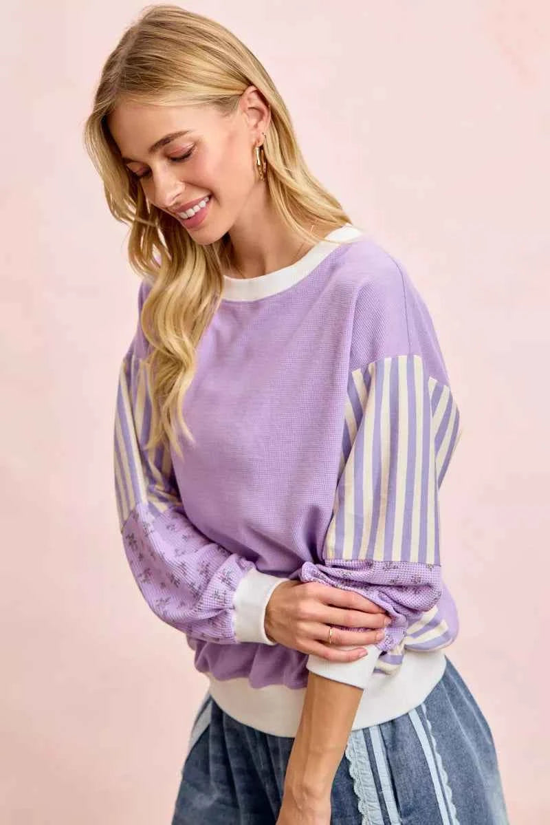BiBi Mix and Match Sweatshirt with Floral Sleeve Striped