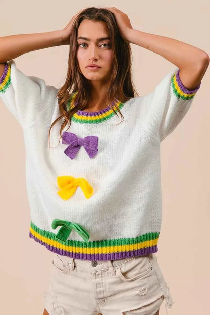 BiBi Short Puff Sleeve Ribbon Bow Mardi Gras Sweater