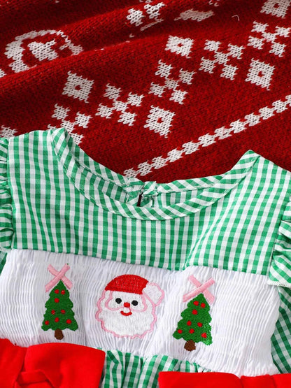 Children's Christmas Santa Embroidered Gingham One-Piece Bodysuit Dress