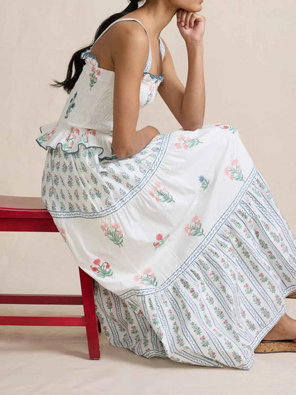 Bohemian Floral Print Smocked Tiered Maxi Dress
