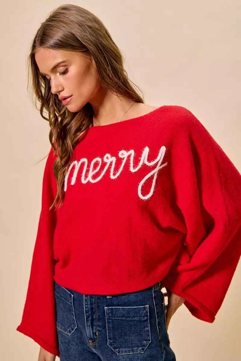 SO ME Merry Tinsel Lettering Christmas Sweater Top