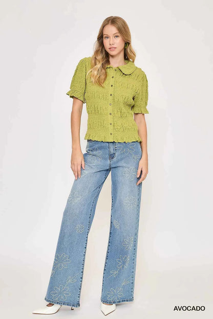 Umgee Smocked Short Sleeve Button-Front Shirt with Peter Pan Collar