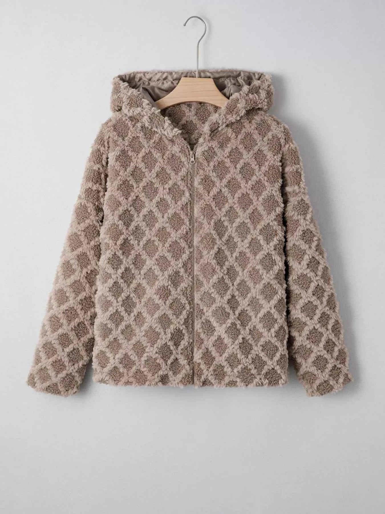 Sherpa Rhombus Zip Up Side Pocket Hooded Jacket