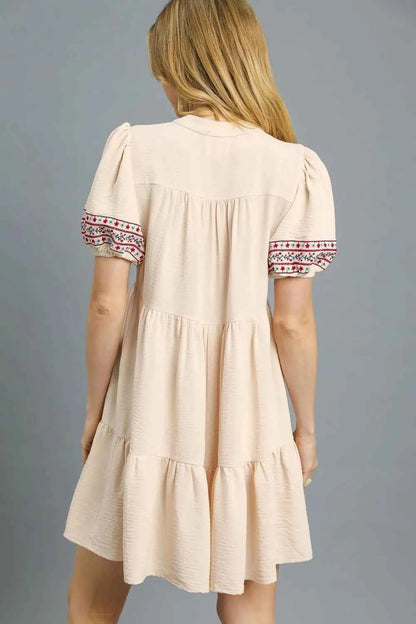 Umgee Floral Trim Puff Sleeve Mini Dress