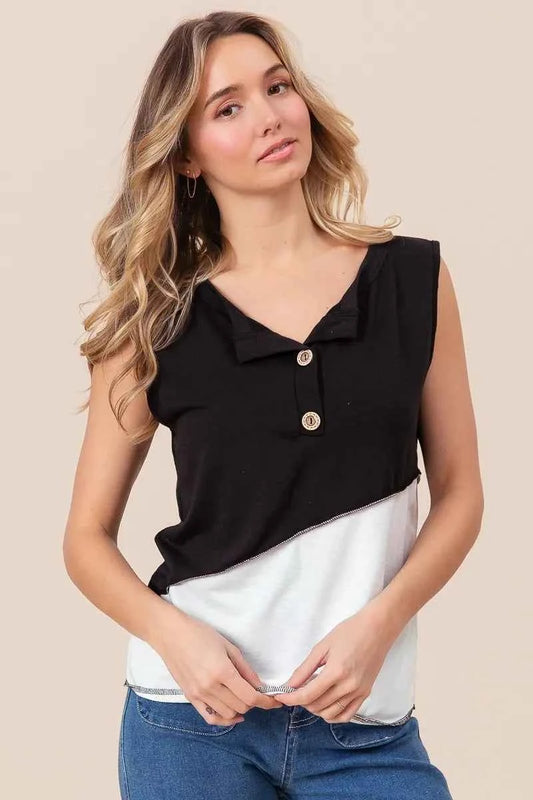 BiBi Color Block Contrast Stitching Buttoned Henley Top