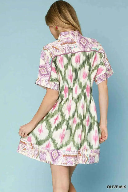 Umgee Ethnic Print Short Sleeve Mini Shirt Dress