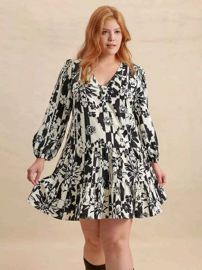 Plus Size Printed V-Neck Long Sleeve Mini Dress