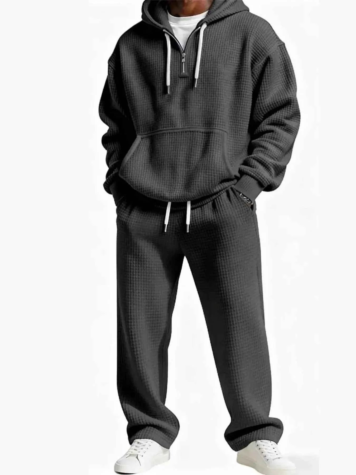 Men's Full Size Casual Waffle Knit Hoodie and Pants Set Plus Size