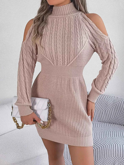 Cold Shoulder Cable Knit Turtleneck Sweater Dress