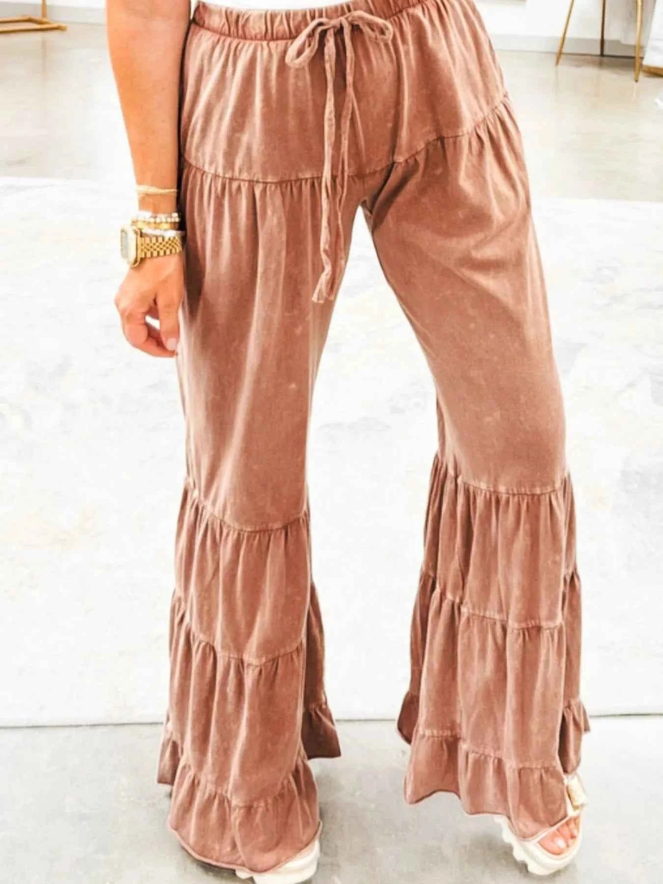 Drawstring Flare Ruffle Pants