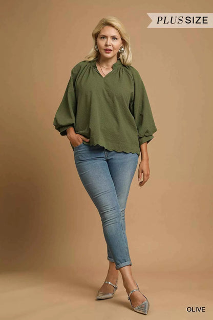 Umgee Full Size Textured Notched Balloon Sleeve Blouse Plus Size