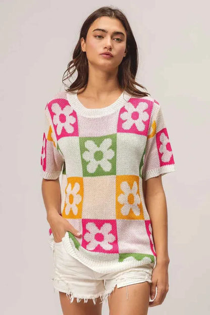 BiBi Flower Checker Pattern Lightweight Sweater Top