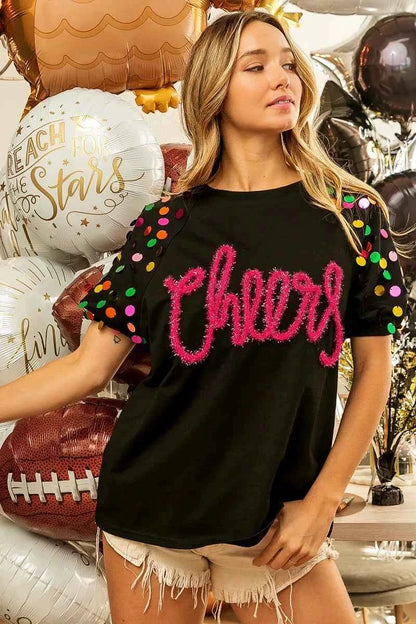 BiBi Metallic Letter Spangle Raglan Puff Sleeve Top