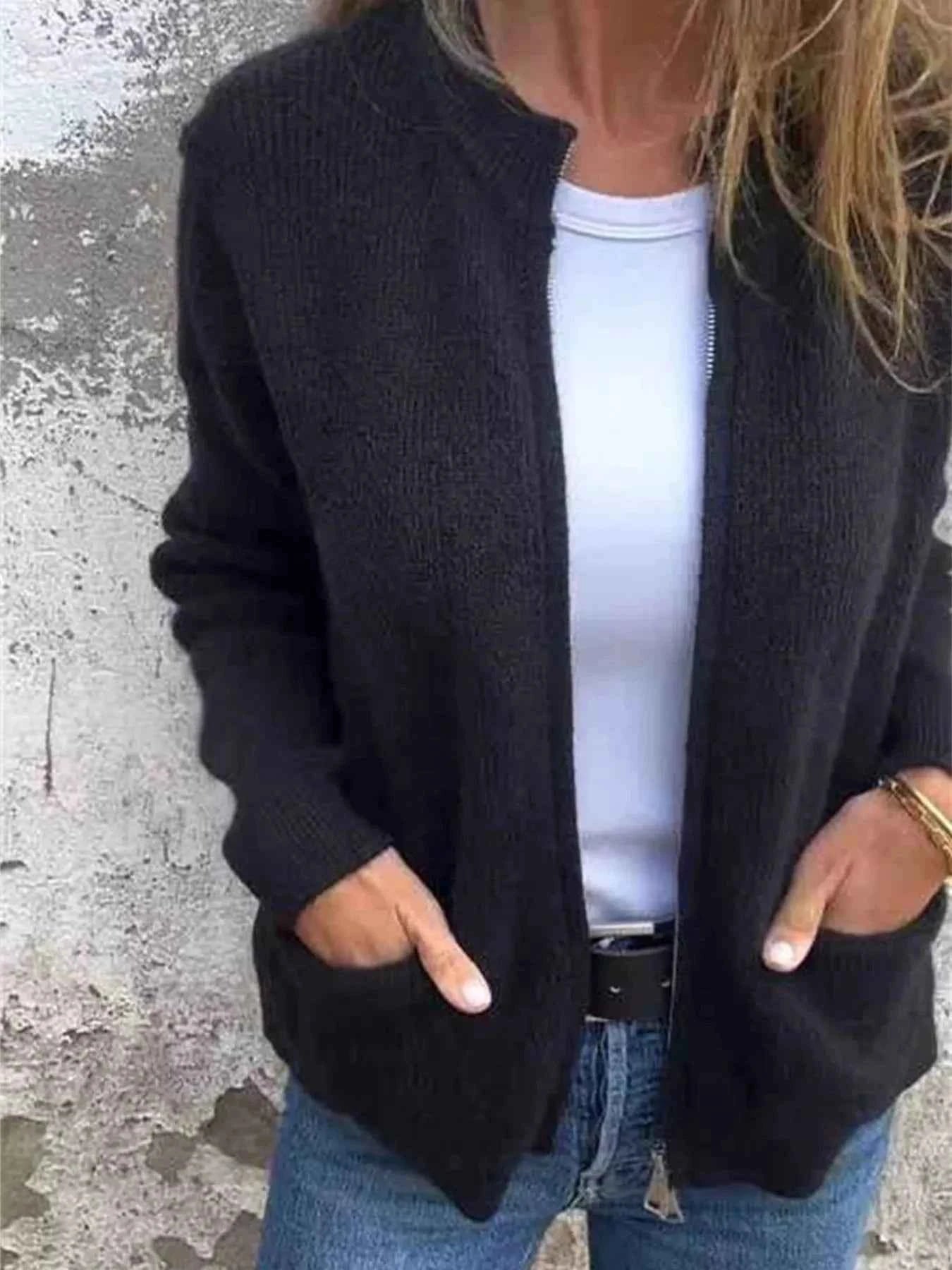 Full Size Zip Up Ribbed Knit Cardigan with Front Pockets Plus Size
