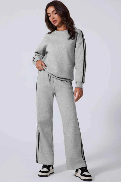 Side Striped Round Neck Top and Pants Active Set