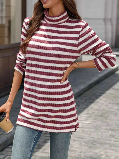 Striped Turtleneck Long Sleeve Knit Top