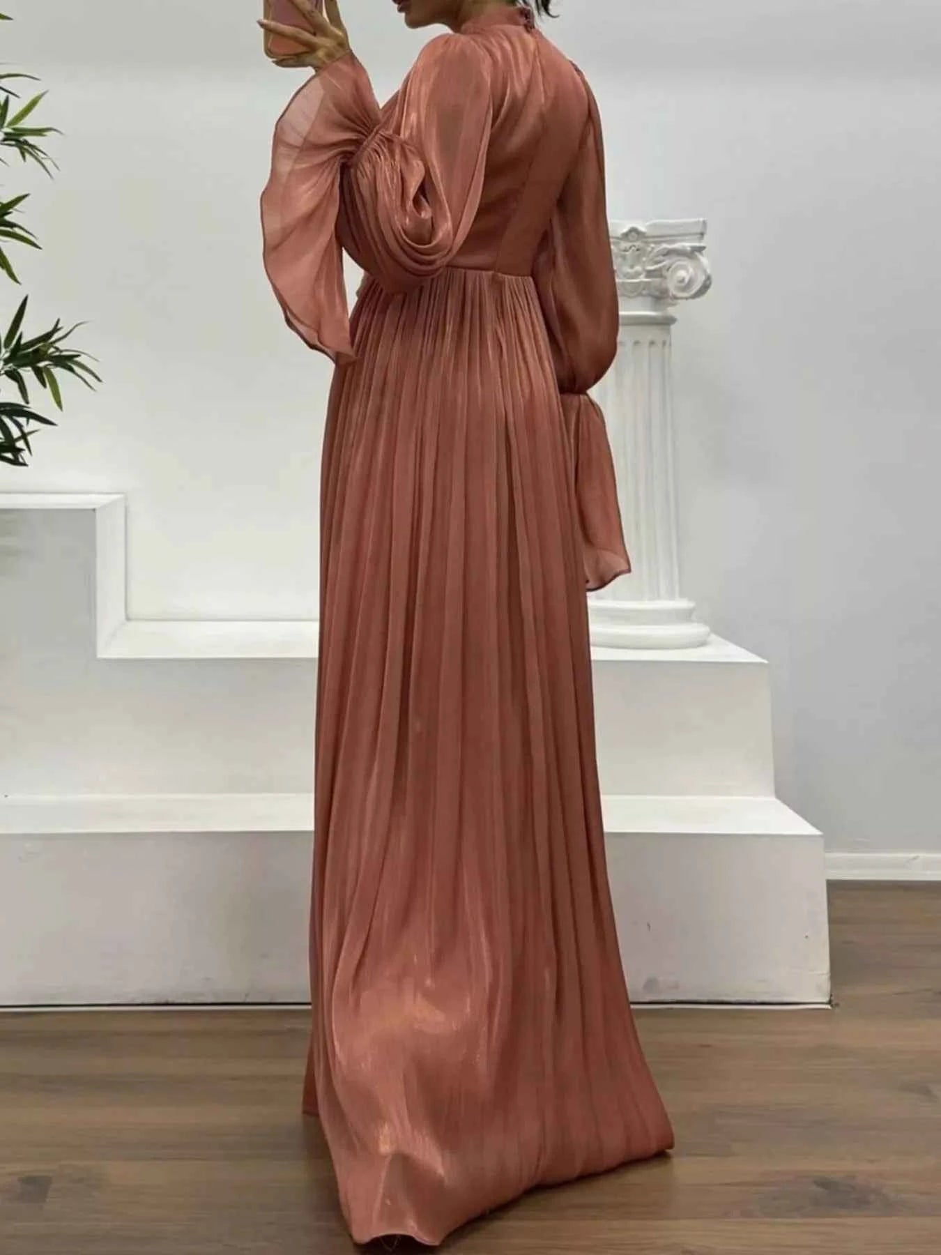 Pleated Mock Neck Long Sleeve Maxi Dress
