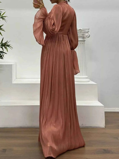 Pleated Mock Neck Long Sleeve Maxi Dress