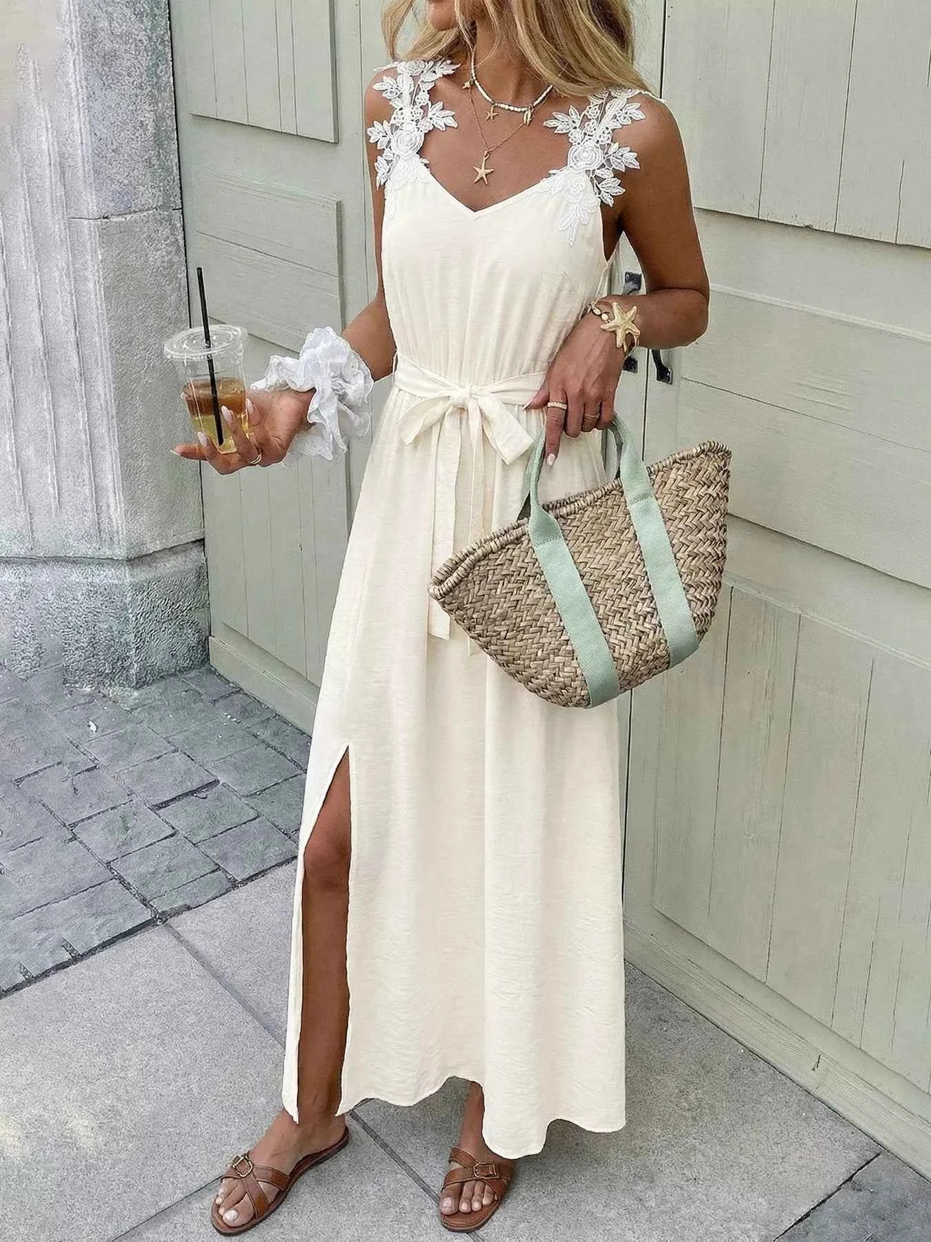 Lace Trimmed Slit Maxi Dress