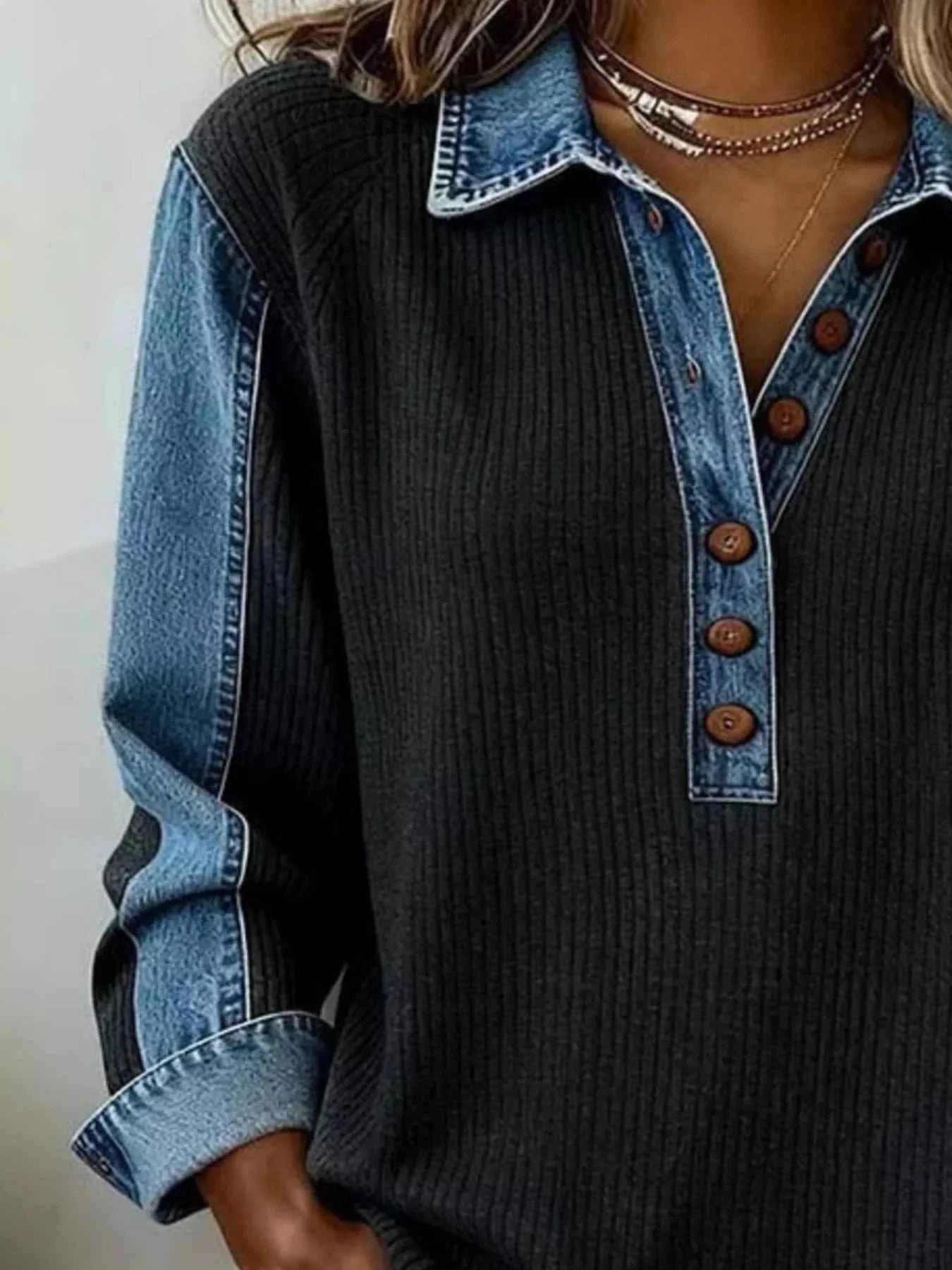 Denim Trim Button Detail Sweatshirt