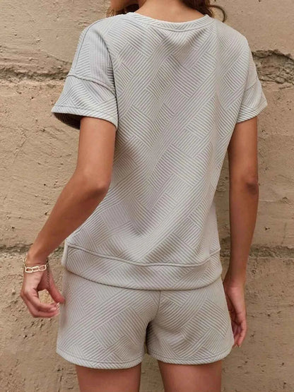 Textured Round Neck Top and Shorts Two-Piece Set