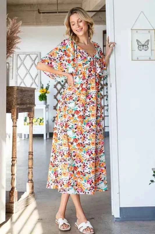 Lime 'N' Chili Floral Print Sweetheart Neck Tie Front Midi Dress