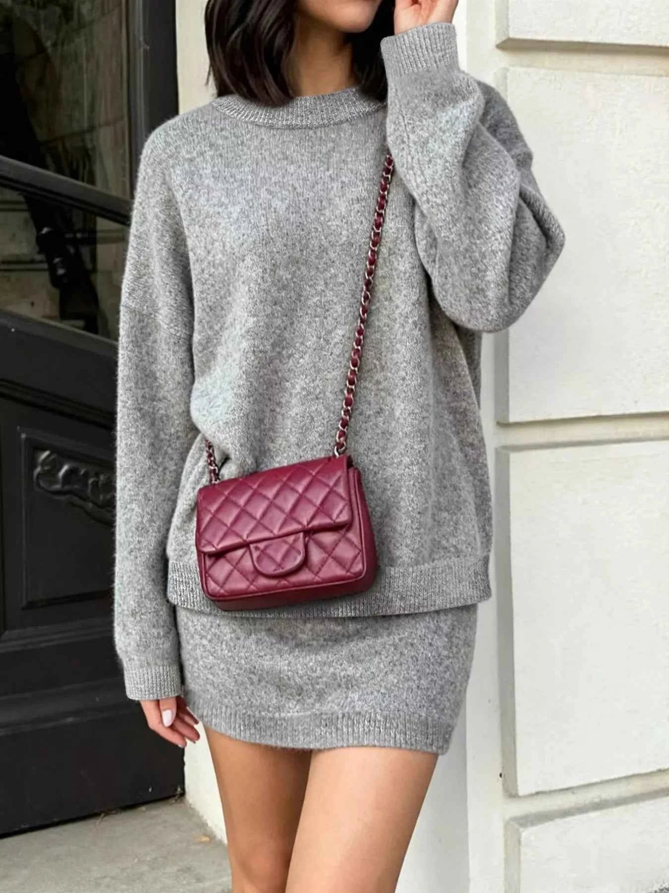 Plus Size Round Neck Long Sleeve Top and Skirt Sweater Set