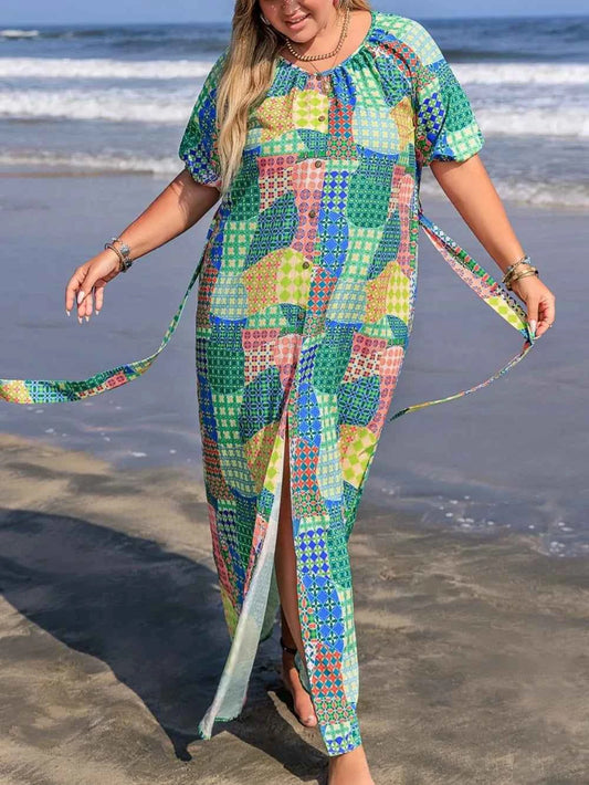 Plus Size Tied Printed Round Neck Maxi Shirt Dress