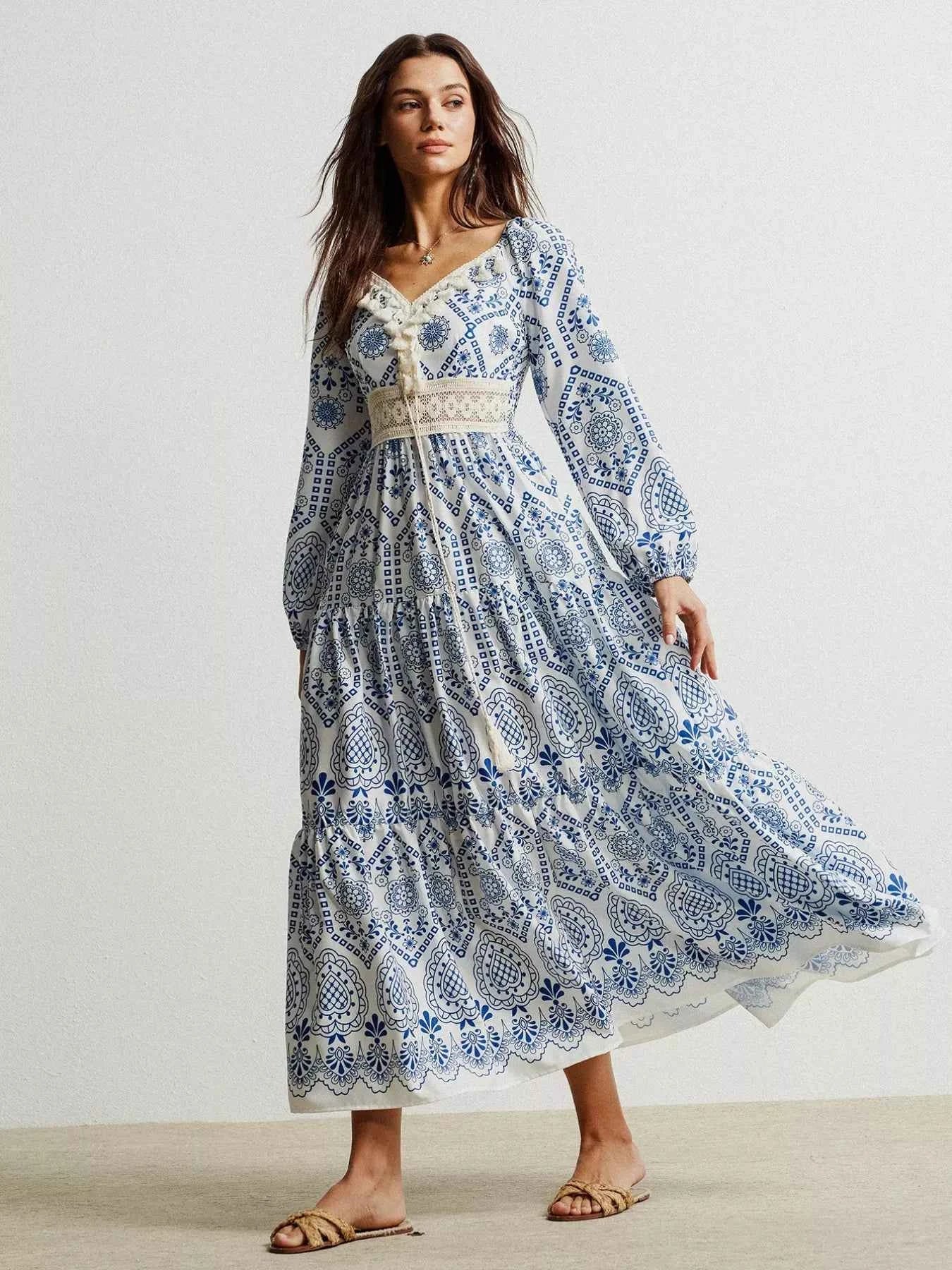 Bohemian Print Midi Dress with Tassel Detail