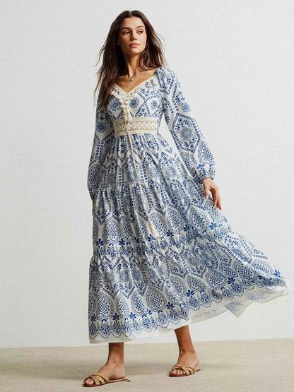 Bohemian Print Midi Dress with Tassel Detail