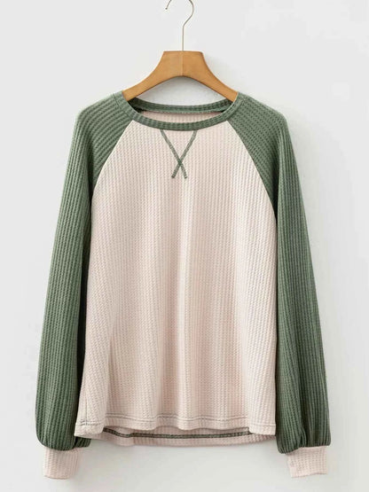Waffle Color Block Raglan Sleeve Top