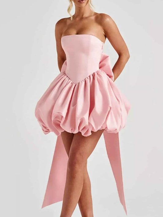 Elegant Strapless Bowknot Bubble Hem Mini Dress