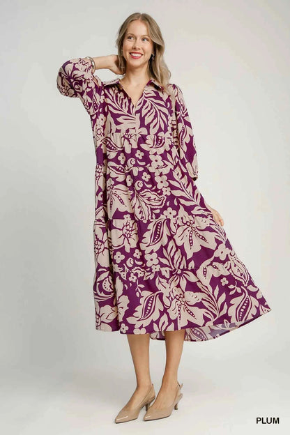 Umgee Floral Print Tiered Midi Dress