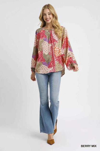 Umgee Boho Feather Print Peasant Blouse