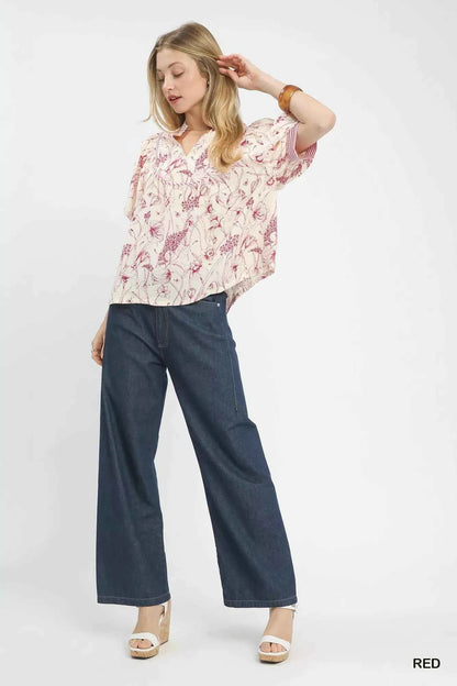 Umgee Mixed Print Puff Sleeve Split Neck Top