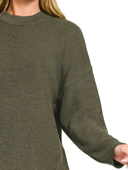 Zenana Round Neck Knit Top and Shorts Sweater Set