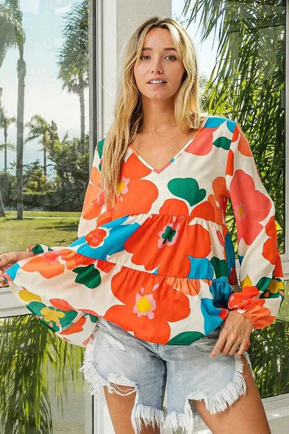 BiBi Floral Woven Tiered V Neck Top