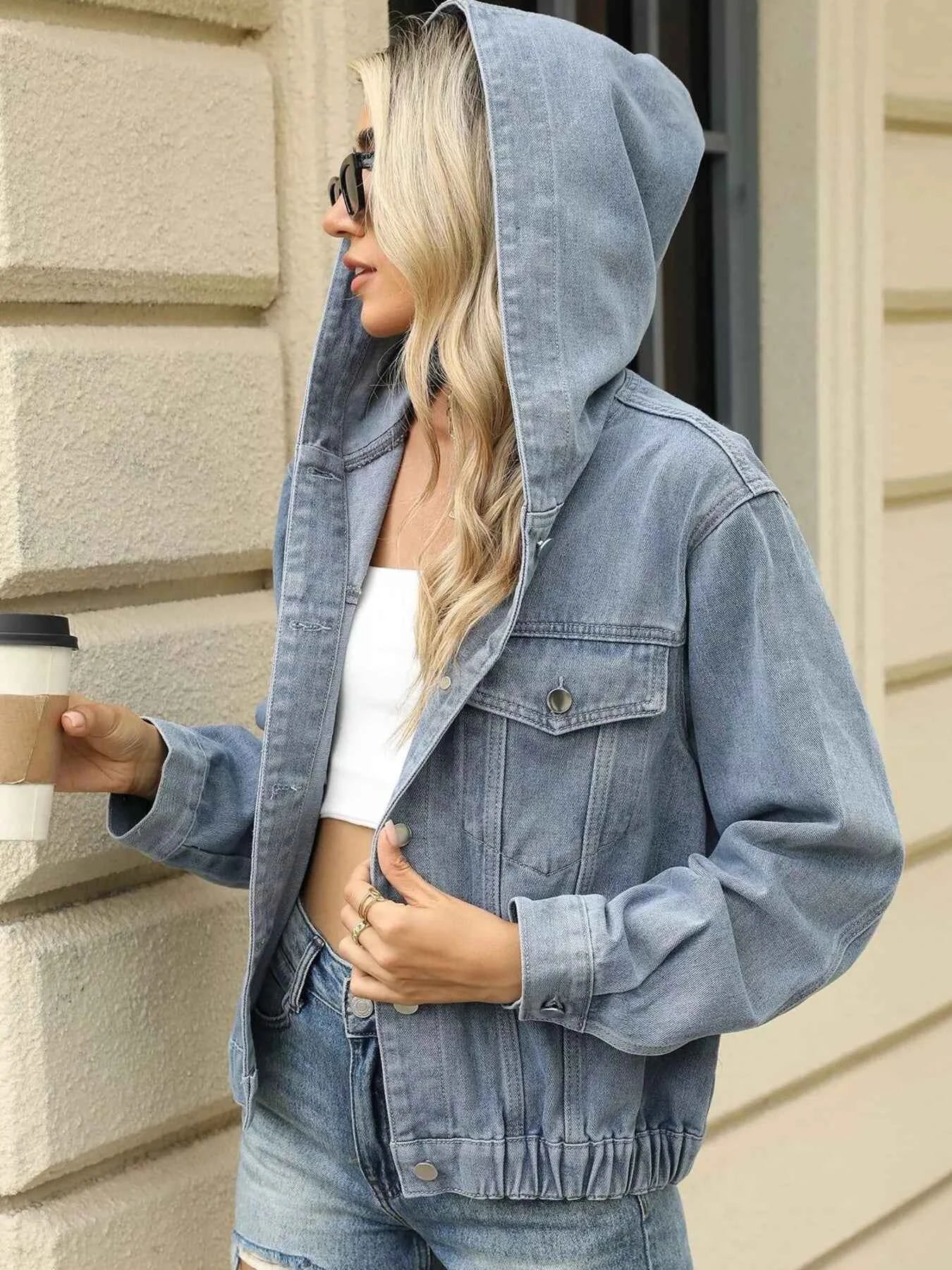 Washed Button Up Hooded Denim Jacket