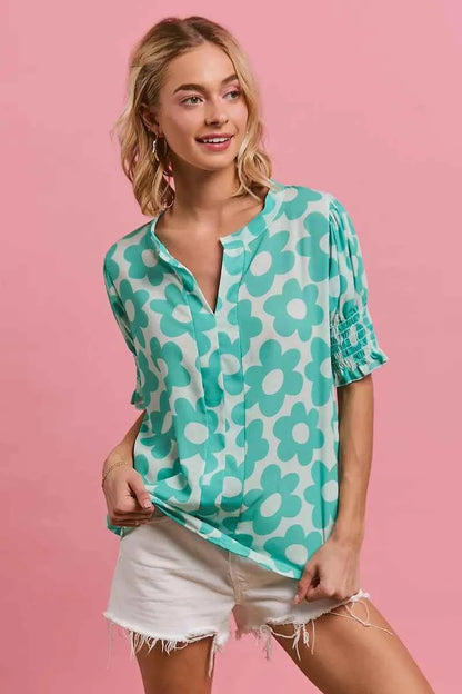 BiBi Flower Printed Woven Smocking Sleeves V Neck Top