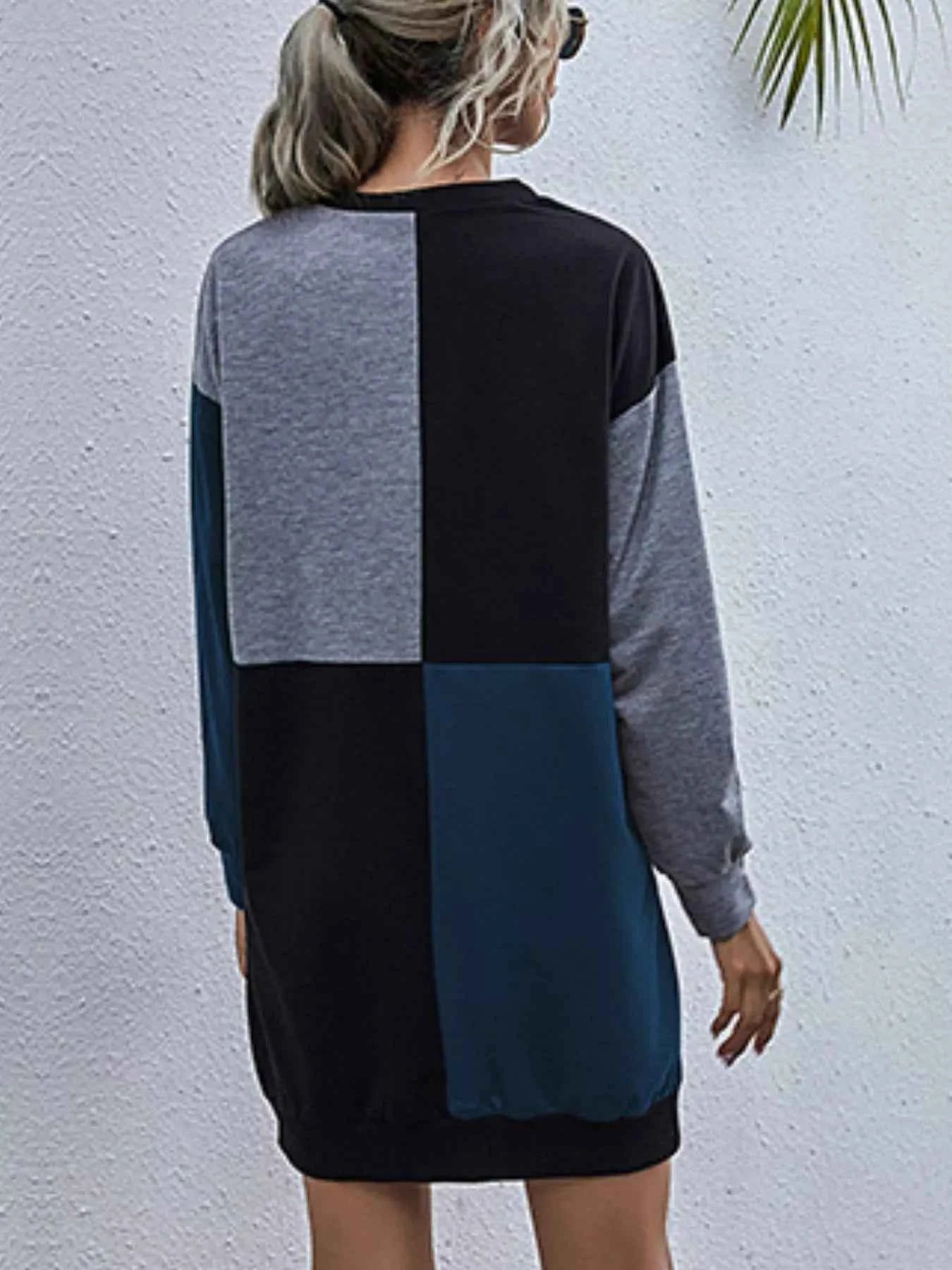 Color Block Casual Long Sleeve Mini Dress