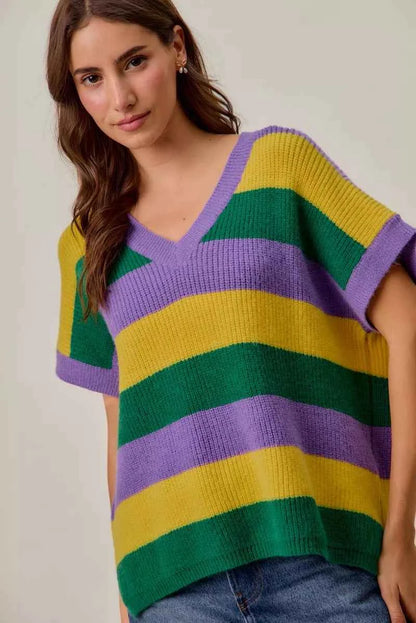 SO ME Mardi Gras Loose Fit V Neck Stripe Sweater Top