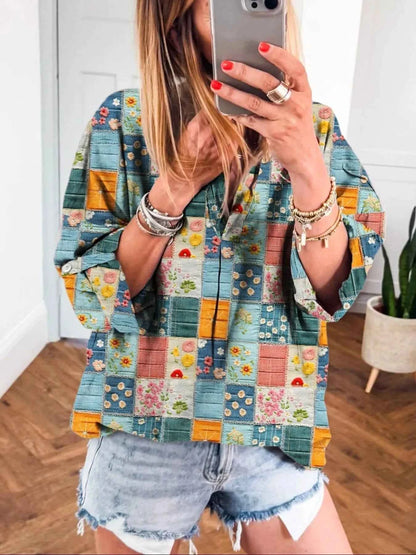 Patchwork Print Notched Long Sleeve Blouse