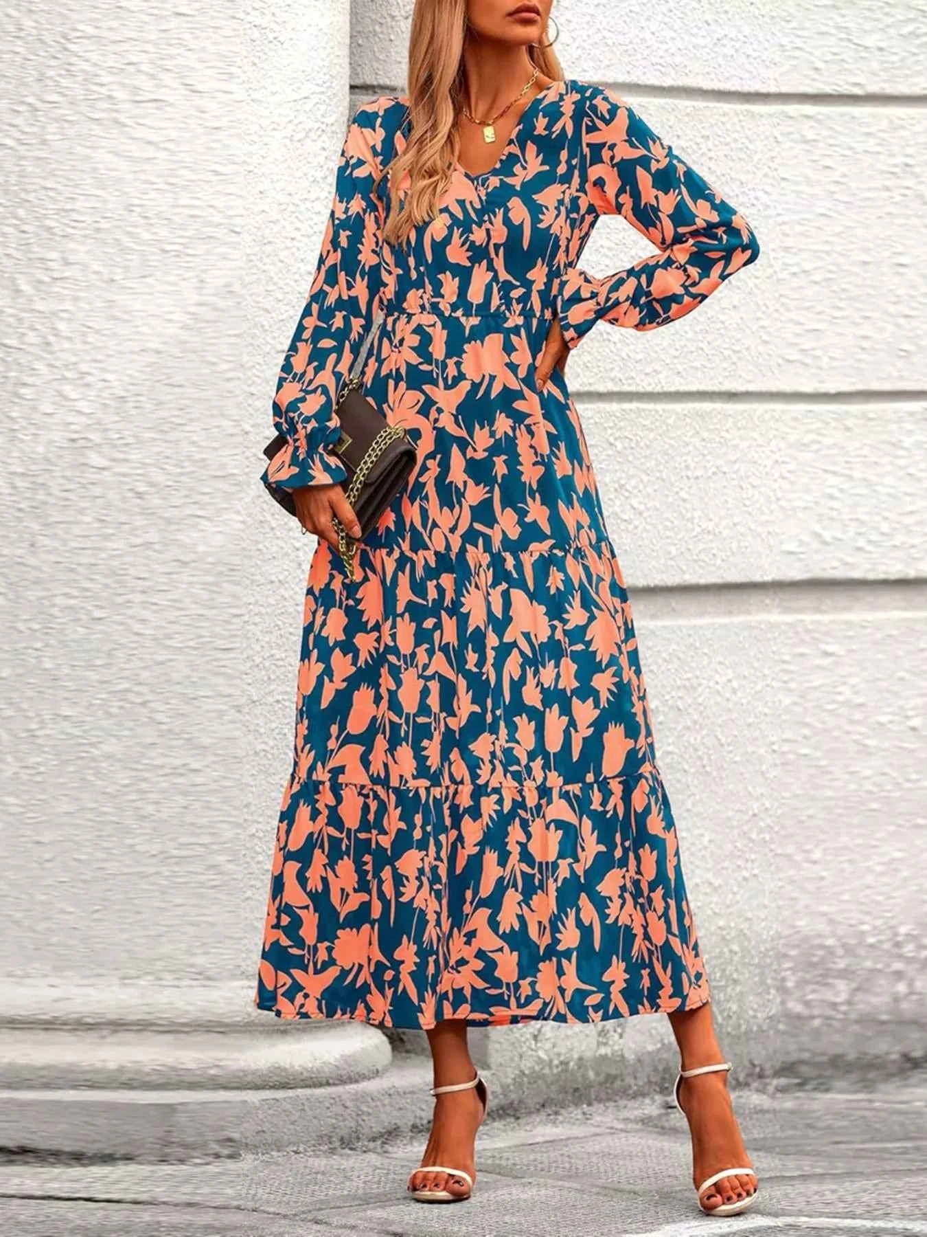 Printed V-Neck Flounce Sleeve Tiered Midi Dress