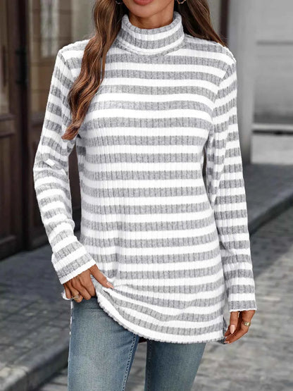 Striped Turtleneck Long Sleeve Knit Top